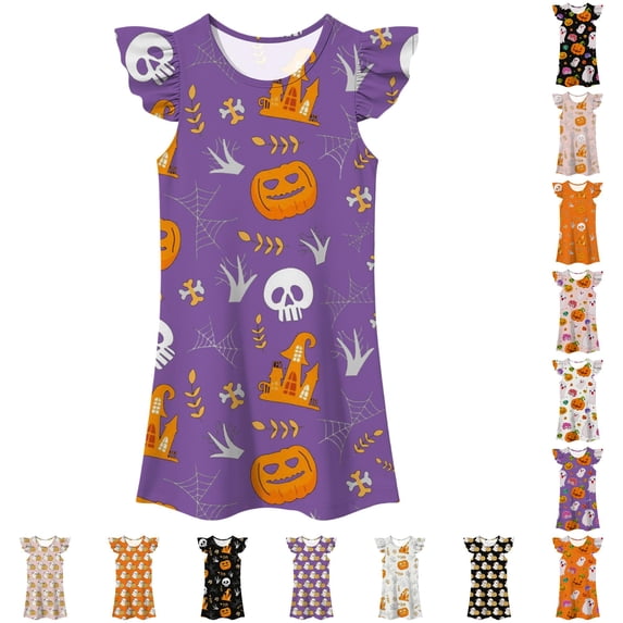 LUOGENLI Girls Halloween Fly‑Sleeve Nightgown, Kids Pumpkin Print A‑Line Sleep Home Dress a-Purple 3-4 Years