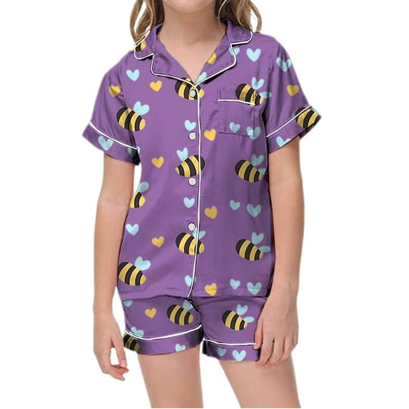 LUOGENLI Girls Pajamas Size 40 Months Kids V Neck Printed Short Pajama Set Comfortable Sleepwear for Boys and Girls Soft Loungewear for Everyday Wear Girls Pajamas Size 21T Purple Size 8-9 Years