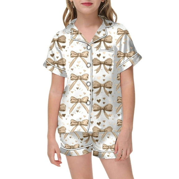 LUOGENLI Girls Pajamas Size 7-32 Summer Sets Girl's Printed Pajamas Short Sleeved Button Top Shorts Home Pajamas Set Girls Pajamas Size 14 Khaki Size 8-9 Years
