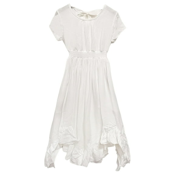 LUOGENLI Girls Skirts Size 14-16 Black Kids Little Girls Dress Solid Short Sleeve Ruffles SRetro Rockabilly Dresses 7-12Y Party Dresses Clothes Girls Dresses A-White Size 7-8 Years