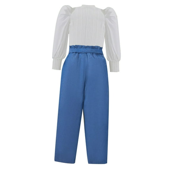 LUOGENLI Girls Summer Outfits Size 10-12 Girls' Solid Color Casual Long Sleeved Crew Neck Top with Blue Wide Leg Pant Suit Girls Summer Outfits Size 0 5-6 Years