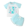 thumbnail image 1 of LUOGENLI Girls Summer Outfits Size 6-7 Toddler Boys Girls Short Sleeve Letter Prints T Shirt Pullover Tops Shorts Outfits 4th of July Outfits for Girls 12-14 18-24 Months, 1 of 6