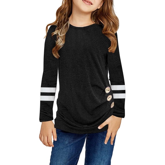 LUOGENLI Girls Summer Tops Size 6-7 Kids Girls Casual Tunic Tops Knot Front Button Long Sleeve Casual Loose Crewneck Blouse T-Shirt Tee Cute Summer Tops for Girls Black 10-11 Years