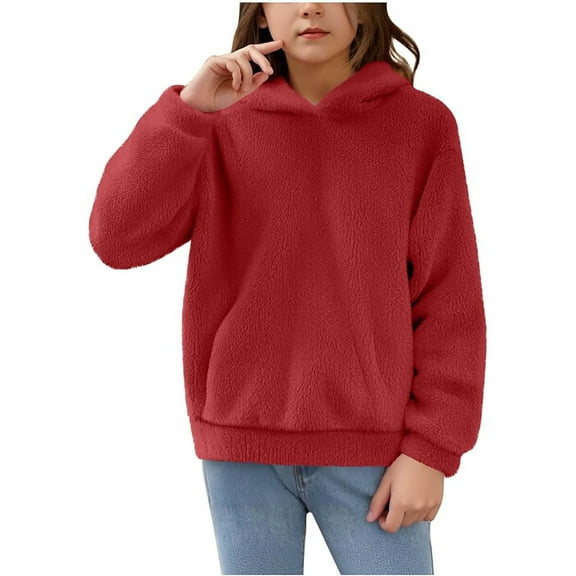 LUOGENLI Girls Sweatshirt Size 5 Girls' Hoodie Tops Casual Hoodie Pullover Winter Warm Long Sleeve Tops Jacket Leisure Sweatshirt for Girls with Pockets 4 15 Years Red Size 14-15 Years