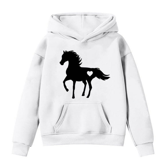 LUOGENLI Girls Sweatshirts Size 8-10 Girls Hoodies & Sweatshirts Winter Warm Pullover with Pocket Cute Horse Print Long Sleeve Casual Hooded Sweatshirt for Toddler Kids White Size 12-13 Years