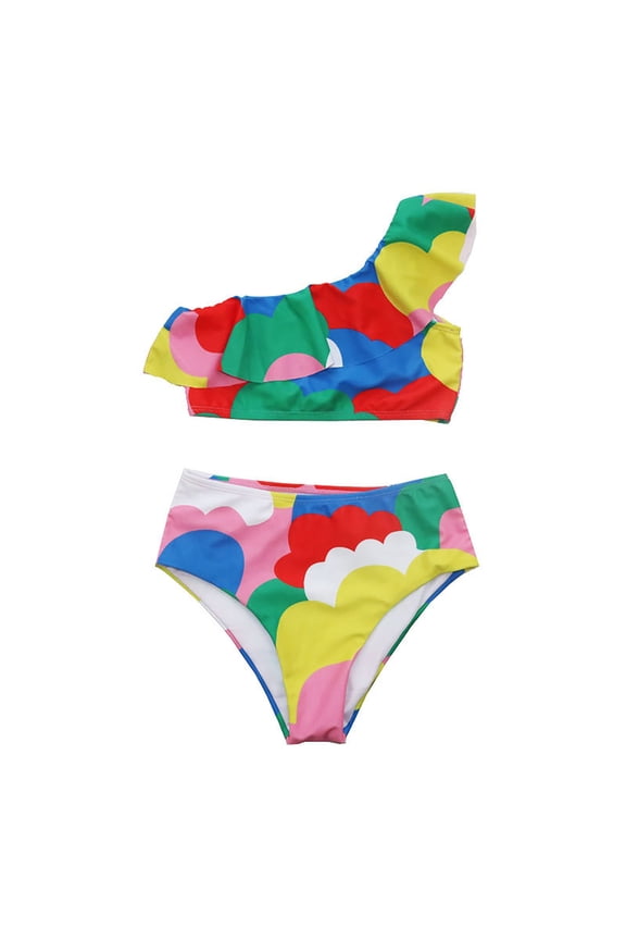 Girls Swimsuits Size 6 Tankini Girls Colorful Cloud Print Swimsuit Suit Summer One Shoulder Pleated Top Shorts Suit 2 Piece Set Girls Swimsuits Size 14-16 5-6Years