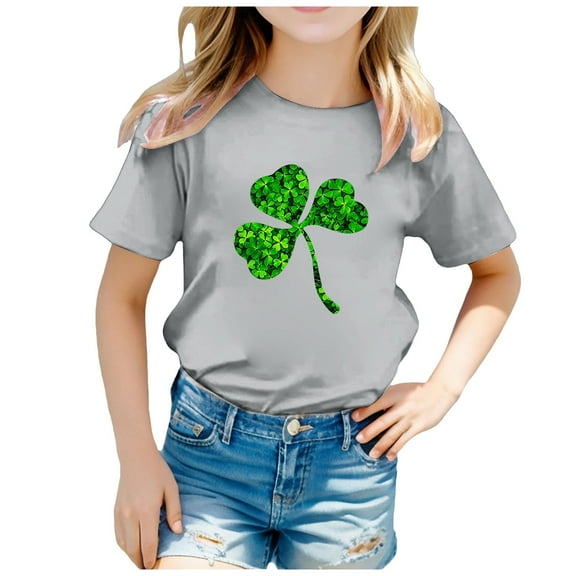 LUOGENLI Girls T Shirts Valentine's Day Size 6 Children's Printed Round Neck Short Sleeved T Shirt for Boys and Girls St. Patrick's Day T Shirts for Girls 12-14 Grey 8-9 Years