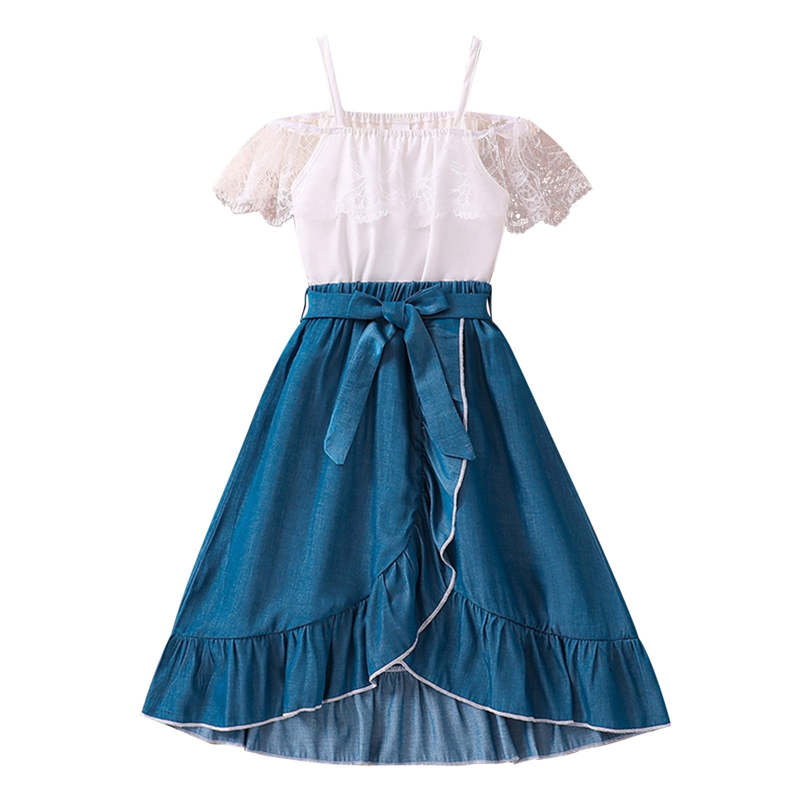 LUOGENLI Graduation Dresses For Girls 12-14 Tight Children's Clothing 7 12 Years Old Children's Girl's Summer New Children's Clothing Lace Patchwork Suspender Top Set 8-9 Years