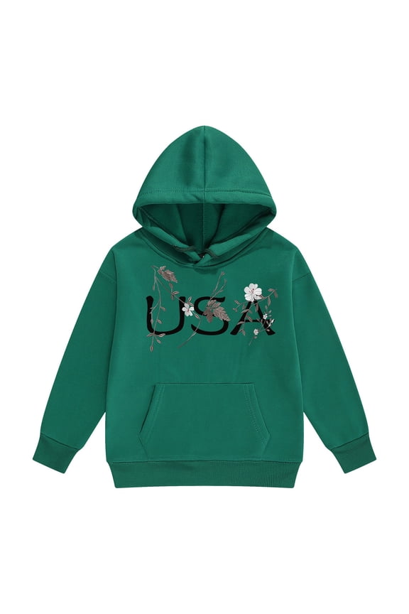Hoodies for Boys 8-10 with Strings Children's Middle and Large Children's Long Sleeved Letter Print Hooded Top Sweater Hoodies for Girls Size 6 Dark Green Size 10-11 Years