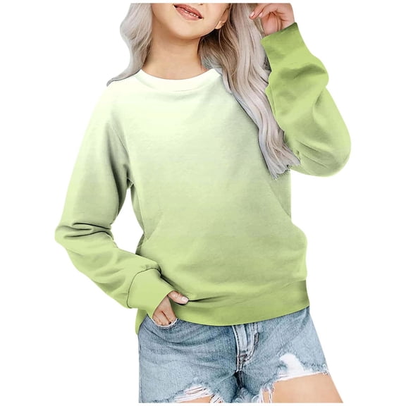 LUOGENLI Hoodies Sweatshirts for Girls Size 14-16 Girls' Autumn and Winter Gradient Printed Round Neck Long Sleeved Casual Hoodless Sweatshirt Sweatshirts for Girls Size 14-16 Light Green 7-8 Years