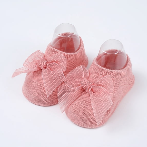 LUOGENLI Infant Princess Sock‑Shoes, Baby Girls Soft Knit House Socks with Sheer Bow Decoration, Non‑Skid Indoor Floor Slipper Socks for Newborn Pink 12-36 Months