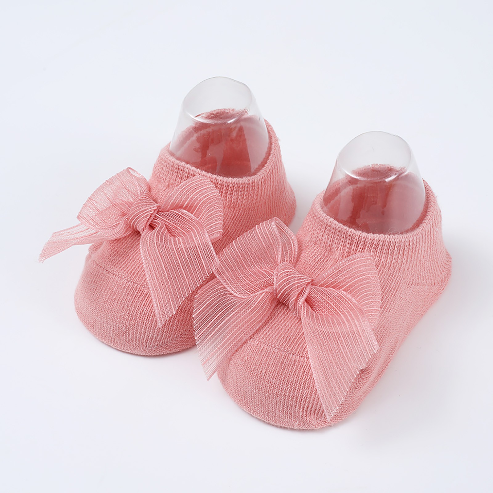 LUOGENLI Infant Princess Sock‑Shoes, Baby Girls Soft Knit House Socks with Sheer Bow Decoration, Non‑Skid Indoor Floor Slipper Socks for Newborn Pink 12-36 Months