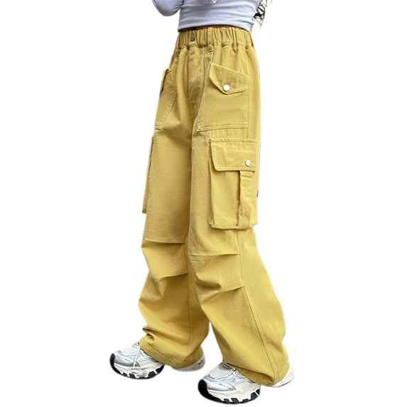 LUOGENLI Jean Shorts for Girls 14-16 Teen Children Pants for Girls Casual High Elastic Waisted Loose Fit Pockets Kid Tall Cargo Sweatpants Streetwear Girls Shorts Size 12 Jean f-Yellow 5-6 Years