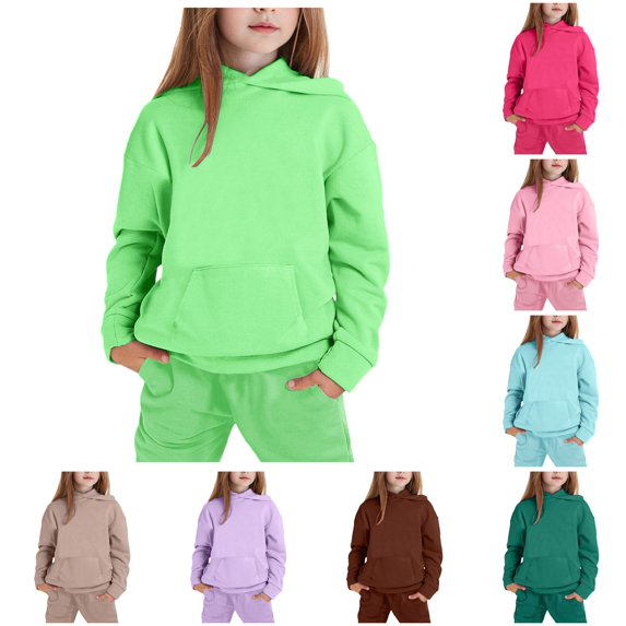 LUOGENLI Kids Hoodie Sweatsuit Set, Unisex Solid Color Casual 2 Piece Outfit Light Green 12-13 Years