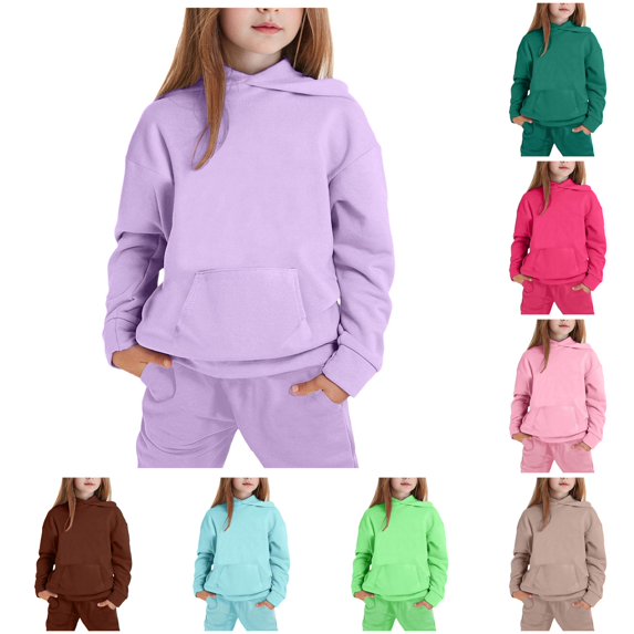 LUOGENLI Kids Hoodie Sweatsuit Set, Unisex Solid Color Casual 2 Piece Outfit Purple 4-5 Years