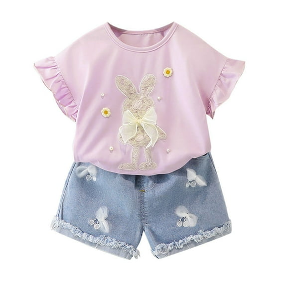 LUOGENLI Little Girl Outfits 4T-5T Toddler Girl Easter Clothes Baby Girl Summer Outfits Cute Bunny Bow Applique Shirts Tops Denim Shorts Set Little Girl Clothes 4-5 Years