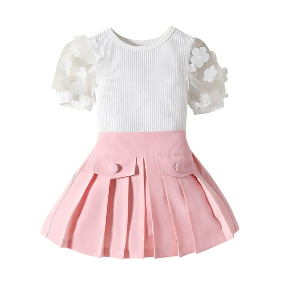 LUOGENLI Little Girls Outfits 4T-5T 4th of July Toddler Kids Baby Girls Lace Short Sleeve Ribbed T Shirt Tops Skirts Princess Outfits Clothes Set 4th of July Outfits Girls10-12 3-4 Years