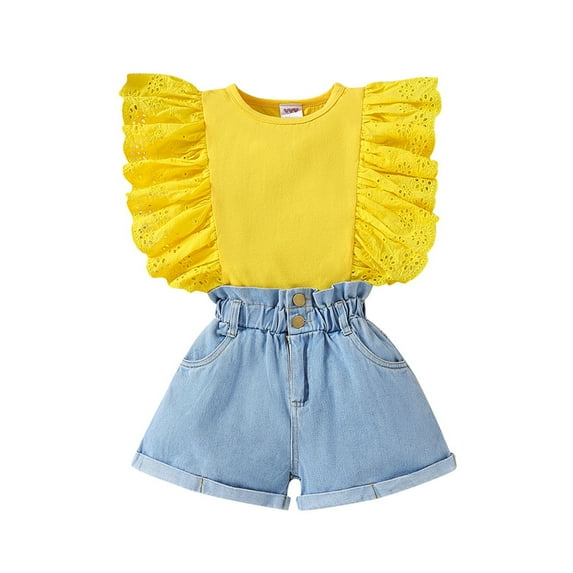 LUOGENLI Little Girls Outfits Size 10 Kids Toddler Baby Girls Spring Summer Solid Cotton Ruffle Sleeveless Vest Jeans Shorts Outfits Clothes 4th of July Outfits Girls Size 14 8-9 Years