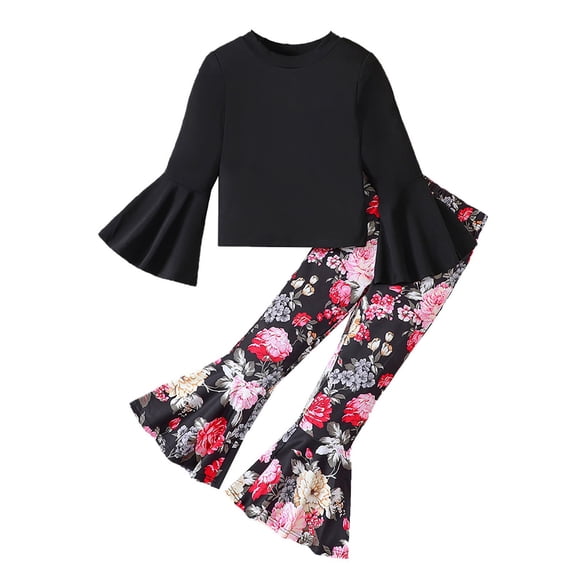 LUOGENLI Little Girls Outfits Size 5/6 Toddler Girls Long Sleeve Black Tops and Floral Print Pants Outfits Clothes Set for ChildKids Clothes Girls Summer Outfits Size 8-10 5-6 Years