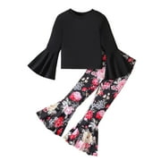 LUOGENLI Little Girls Outfits Size 5/6 Toddler Girls Long Sleeve Black Tops and Floral Print Pants Outfits Clothes Set for ChildKids Clothes Girls Summer Outfits Size 8-10 5-6 Years