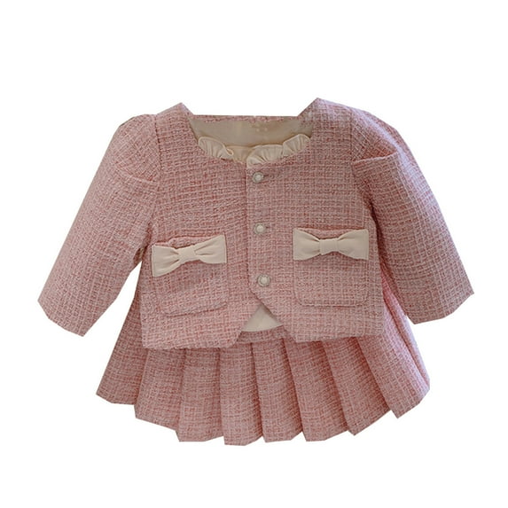 LUOGENLI Little Girls Outfits 3T Toddler Girls Long Sleeve Solid Color Ruffles Coat Pleated Skirt Outfits Set for Kids Clothes Back to School Outfits for Girls Pink 6-12 Months