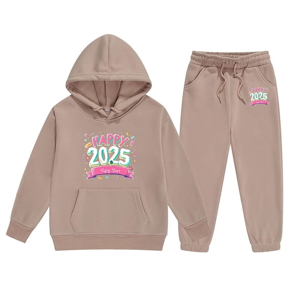 LUOGENLI Outfits Baby Girl Rompers 18-24 Months Summer 2025 New Year Printing Children's Middle and Large Children's Long Sleeved Letter Print Hooded Top Sweater Pants Set Khaki 10-11 Years