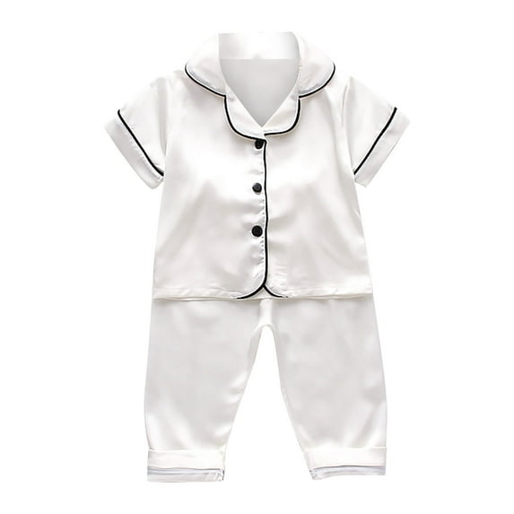 LUOGENLI Outfits Girl Rompers 0-3 Months Summer Toddler Kids Boys Girls Satin Button down Short Sleeve Shirt Tops and Long Pants Silk Pajamas Sleepwear Outfits Loungewear Set White 3-4 Years