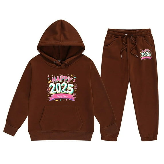 LUOGENLI Outfits Girls Rompers Size 14-16 Shorts 2025 New Year Printing Children's Middle and Large Children's Long Sleeved Letter Print Hooded Top Sweater Pants Set Brown 3-4 Years