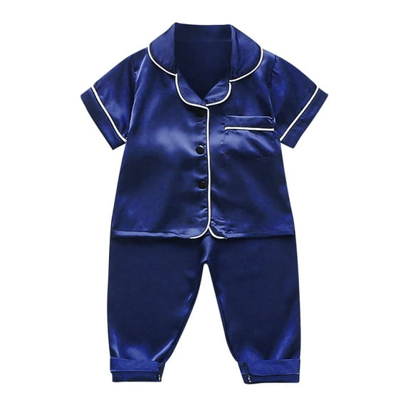 LUOGENLI Outfits Girls Rompers Size 8/9 Toddler Kids Baby Boys Girls Satin Button down Short Sleeve Shirt Tops and Long Pants Silk Pajamas Sleepwear Outfits Loungewear Set Navy 6-12 Months