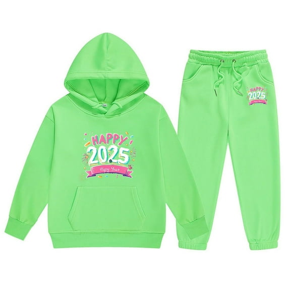 LUOGENLI Outfits Rompers for Girls 10-12 Pants 2025 New Year Printing Children's Middle and Large Children's Long Sleeved Letter Print Hooded Top Sweater Pants Set Green 4-5 Years