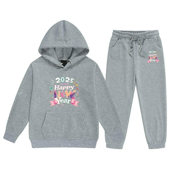 LUOGENLI Outfits Rompers for Girls 10-12 2025 New Year Printing Children's Middle and Large Children's Long Sleeved Letter Print Hooded Top Sweater Pants Set Grey 12-13 Years
