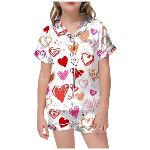 LUOGENLI Pajamas Girls Christmas Pajamas Size 12-14 Big Kids Girls' Valentine's Day Printed Pajamas Short Sleeved Button Top Shorts Home Pajamas Set Red 8-9 Years
