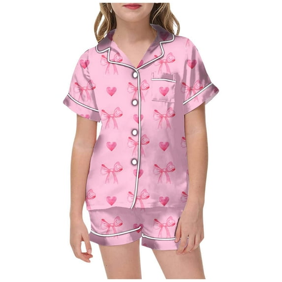 LUOGENLI Pajamas Girls Christmas Pajamas Size 14-16 Cotton Girls' Valentine's Day Printed Pajamas Short Sleeved Button Top Shorts Home Pajamas Set 6-7 Years