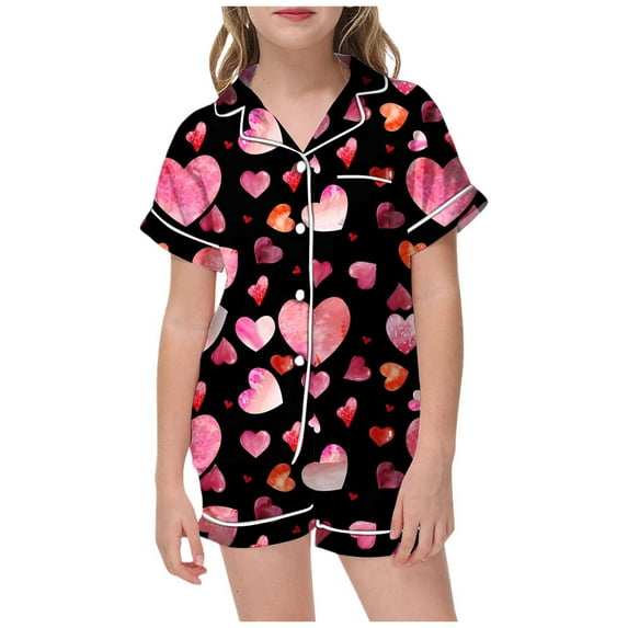 LUOGENLI Pajamas Girls Christmas Pajamas Size 14-16 Pants Girls' Valentine's Day Printed Pajamas Short Sleeved Button Top Shorts Home Pajamas Set Girls Christmas Sleepwear Size 14 Black 6-7 Years