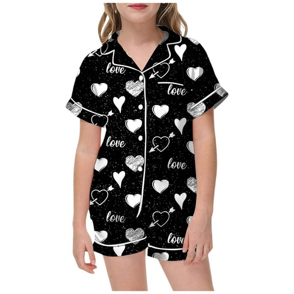 LUOGENLI Pajamas Girls Christmas Pajamas Size 14-16 Pants Girls' Valentine's Day Printed Pajamas Short Sleeved Button Top Shorts Home Pajamas Set Girls Christmas Sleepwear Size 14 Black 12-13 Years