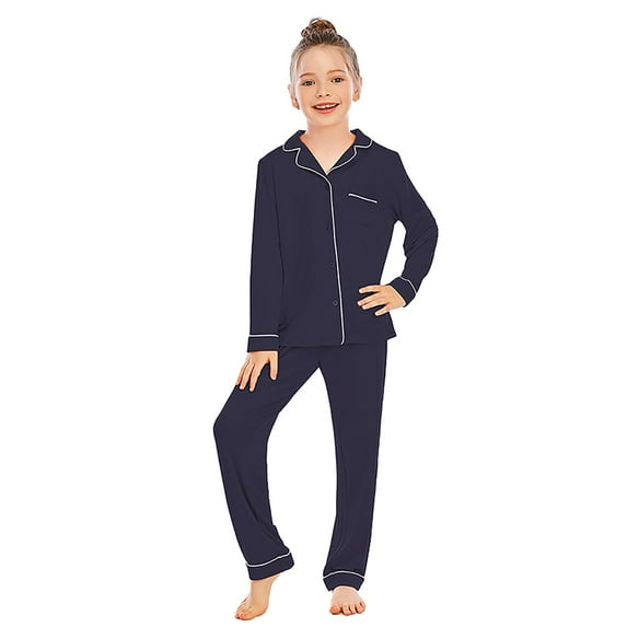 LUOGENLI Pajamas Girls Christmas Pajamas Size 14-16 Silk Unisex Toddler Pajama Set Long Sleeve & Pants Comfortable Fabric Button up Collar Loose Fit Homewear Navy 4-5 Years