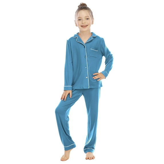 LUOGENLI Pajamas Girls Christmas Pajamas Size 6 Loose Fit Unisex Toddler Pajama Set Long Sleeve & Pants Comfortable Fabric Button up Collar Loose Fit Homewear Dark Blue 7-8 Years
