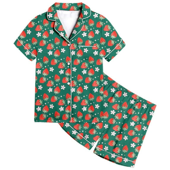 LUOGENLI Pajamas Girls Christmas Pajamas Size 6/7 Children's Leisure Printed Button Collar Short Sleeved Top Shorts Pajama Set Girls Christmas Sleepwear Size 6 Loose Fit Green 4-5 Years