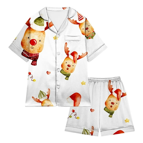 LUOGENLI Pamajas Girls Christmas Pajamas Shorts Size 7-8 Little Baby Girls Boys Pajamas Set Christmas Satin Silk Kids Sleepwear 2 Piece Button down Classic Loungewear Shorts White 10-11 Years