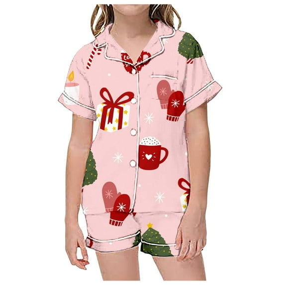 LUOGENLI Pamajas Girls Christmas Pajamas Size 5/6 Children's Christmas Print Short Sleeve Shorts Cardigan Children's Pyjamas Two Sets Girls Christmas Pajamas Size 10-12 2 Pack Black 6-7 Years