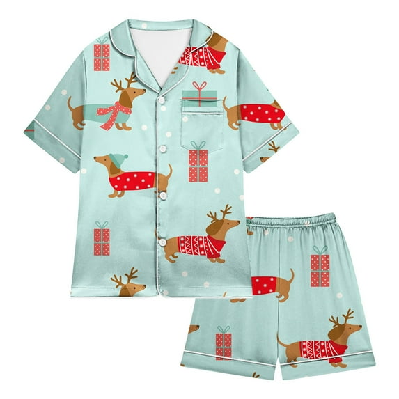 LUOGENLI Pamajas Girls Christmas Pajamas Size 8 Shorts Little Baby Girls Boys Pajamas Set Christmas Satin Silk Kids Sleepwear 2 Piece Button down Classic Loungewear Shorts Light Green 6-7 Years