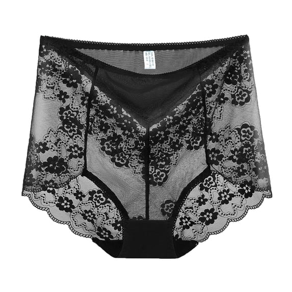 LUOGENLI Plus‑Size High‑Waist Sheer Floral Lace Women Panties, Tummy Control Scalloped Transparent Mesh Briefs, Stretchy Seamless Ladies Underwear Black M