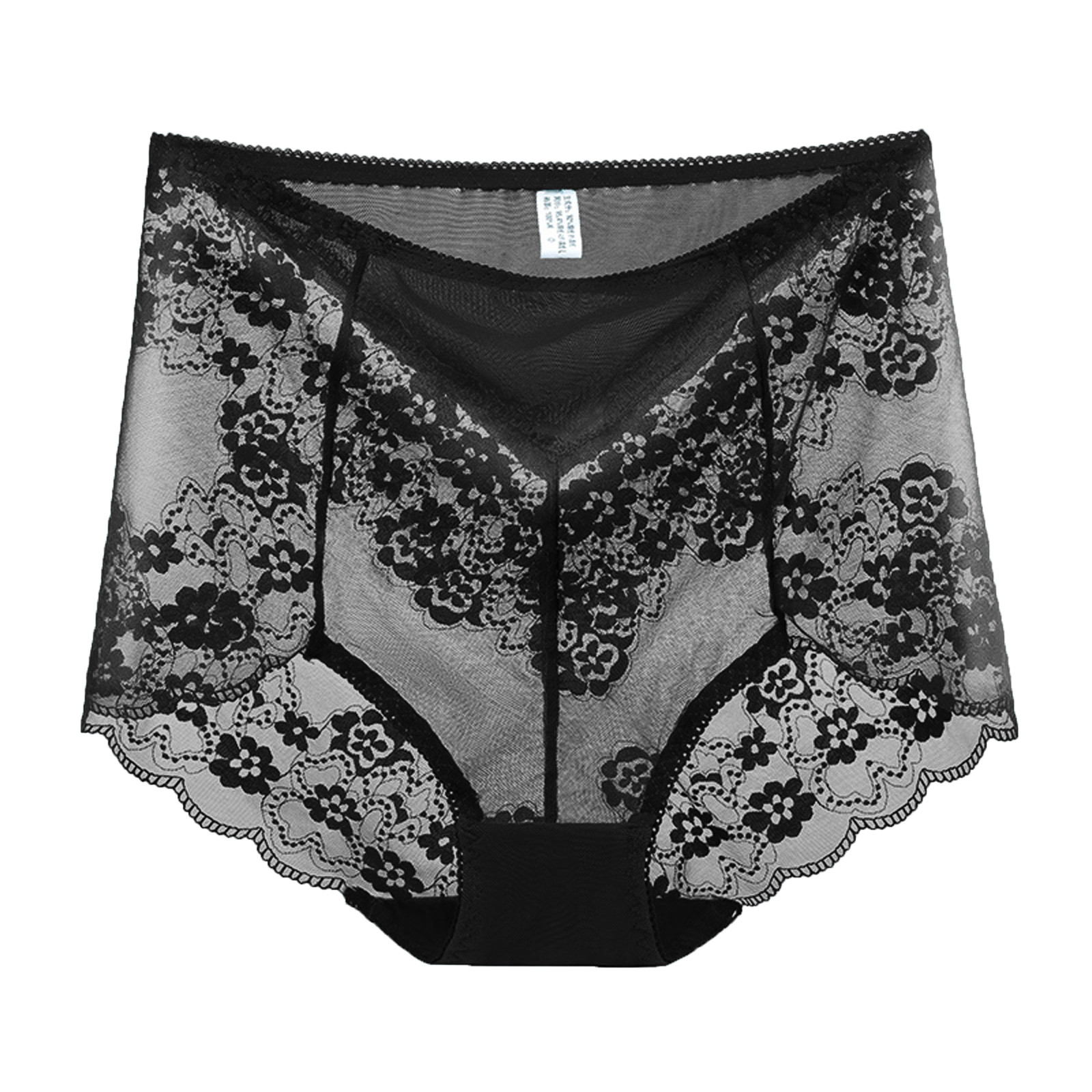LUOGENLI Plus‑Size High‑Waist Sheer Floral Lace Women Panties, Tummy Control Scalloped Transparent Mesh Briefs, Stretchy Seamless Ladies Underwear Black M
