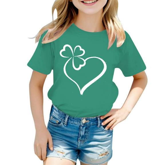 LUOGENLI Shirts St. Pat Print Round Neck Short Sleeve for Girls Shirts for Girls Tops for Girls 7-8 Dark Green 160