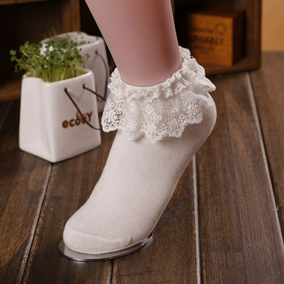 LUOGENLI Socks Womens Size 9-11 Crew Women Vintage Lace Ruffle Frilly Ankle Socks Princess Girl Cotton Socks Wh *2Pcs Socks Pack of 20 Ankle Socks for Women