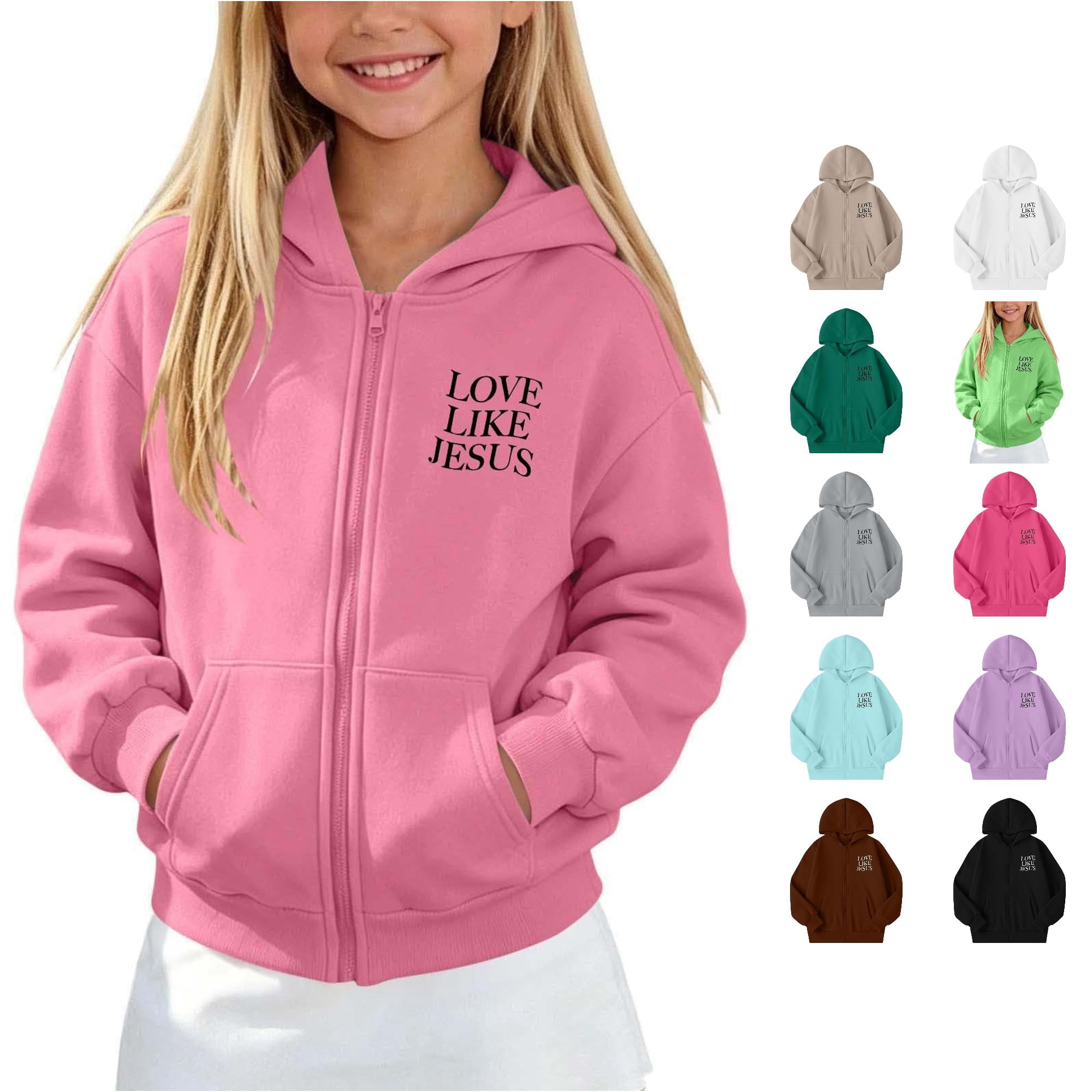 Solid Soft Pink Color LUOGENLI Solid Color Sweatshirt Full Zip Letter Hoodie For Girls Soft ...