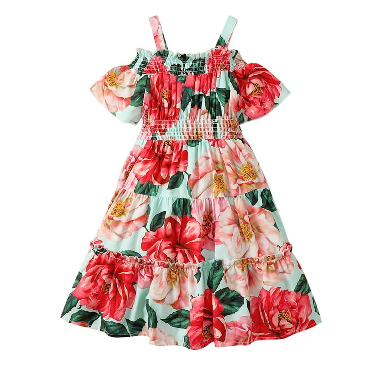 LUOGENLI Summer Dresses For Girls Children s Girl Dress Short Sleeved Off The Shoulder Flower Pattern Pleated Dress Dresses For Girls 12 14 Years Old