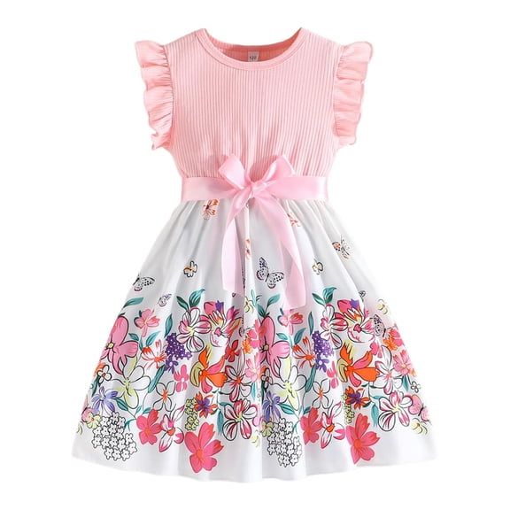 LUOGENLI Summer Dresses For Girls Size 10-12 Toddler Girls Summer Ruffles Sleeveless Floral Prints Ribbed Fashion Dress Clothes Summer Dresses For Girls 12-14 5-6 Years