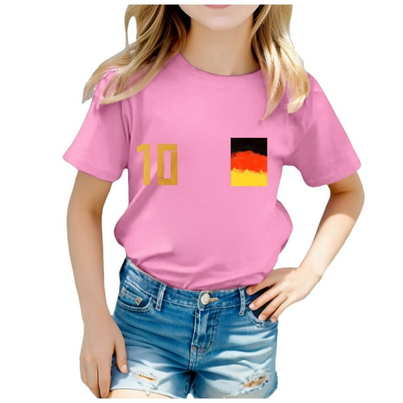 LUOGENLI Summer Tops for Girls 10-12 Trendy 2024 Children's European Cup Fashion Team Printed Short Sleeve Round Neck Top T Shirt0 T Shirts for Girls 12-14 Tops for Girls 10-12 Not Cropped 8-9 Years