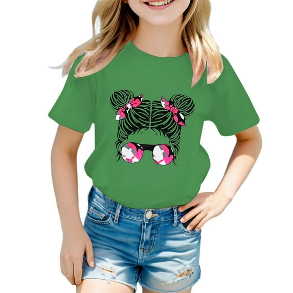 LUOGENLI Summer Tops for Girls 12-14 Years Kid Girls Cute Graphic Print Round Neck Short Sleeve Tee Summer Casual T Shirt Girls Tops Size 7-8 Trendy Tops for Girls 10-12 Baggy Green 5-6 Years